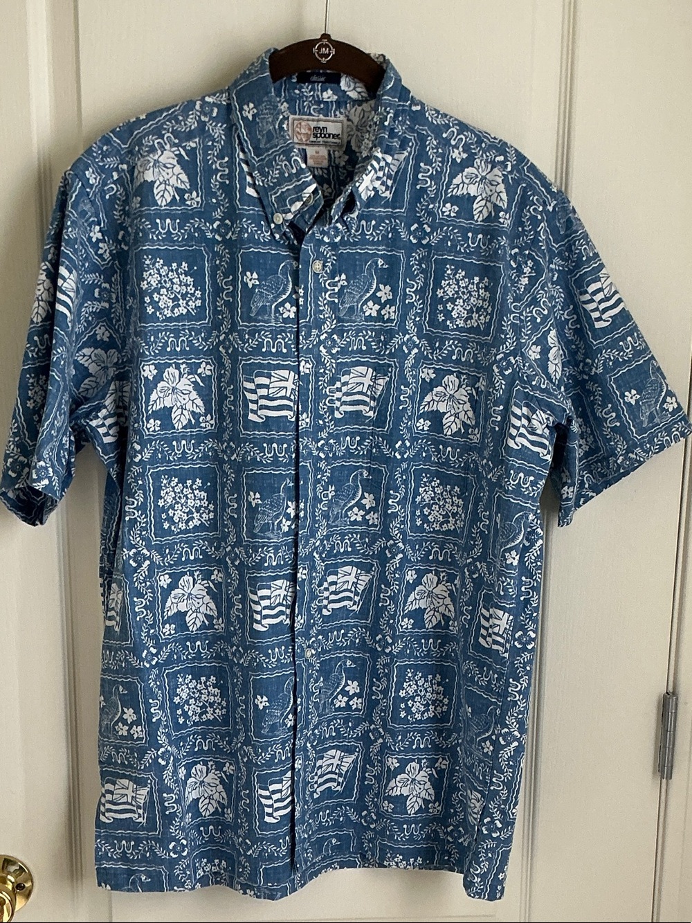 Reyn Spooner Blue and White Short-Sleeve Button-Up Hawaiian Flag Shirt